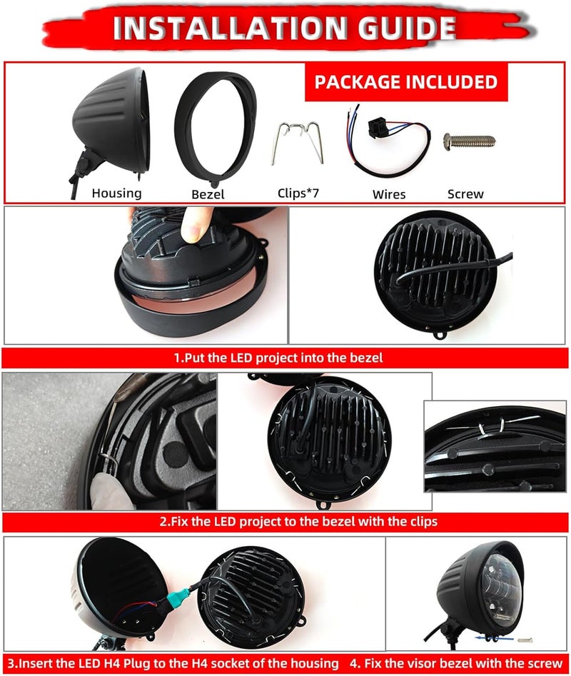 FATECIM Motorcycle 5.75" Round Headlight Bucket Housing with Visor 5 3/4 Inch LED Headlamp Shell Cover Heavy Duty Universal for Harley Kawasaki Honda Yamaha Suzuki Chopper Cafe Racer Bobber Chrome - Image 5